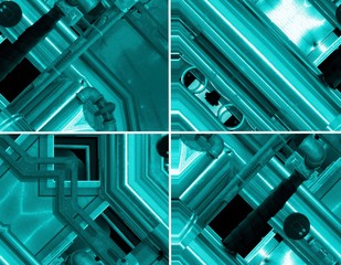 Blue aluminum background. Four illustrations set. Metal pipes and abstract technological...