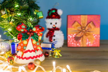 Merry Christmas and happy new year event on wood . Open Warm white light