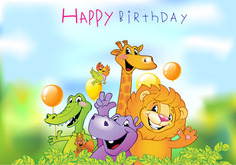 Obraz na płótnie Canvas Cartoon animals, Birthday greeting card