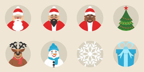 A set of New Year's or Christmas icons. Flat design. Vector. The cute characters. The traditional elements of the holiday.