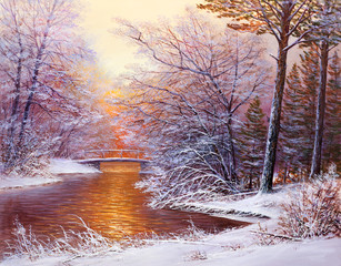 Christmas forest with river