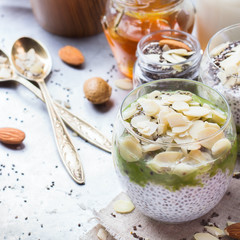 Healthy breakfast chia seed pudding almond milk fruit honey coffee