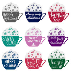 Vector set of color cups with winter holidays concept lettering