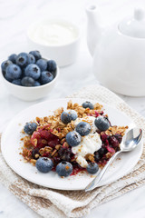 berry crumble with oat flakes on a plate, vertical