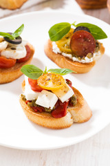 bruschettas with tomatoes and mozzarella on plate, vertical