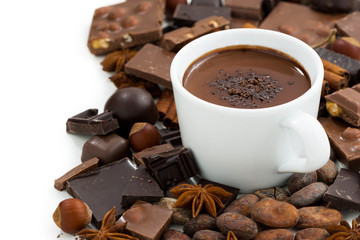 cup of hot chocolate and ingredients, isolated