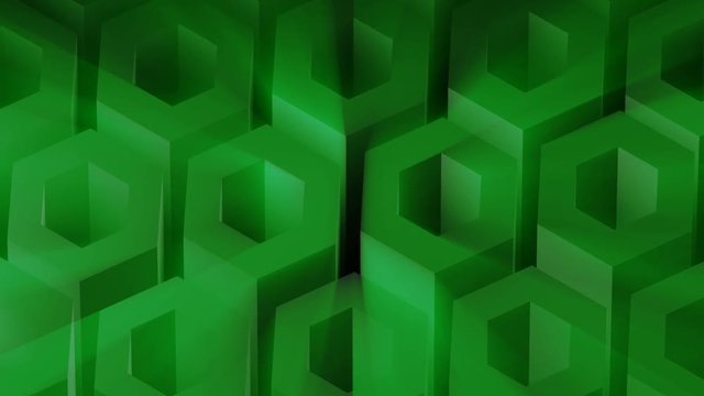 A slow moving looping background design animation of 3D hexes with light rays.