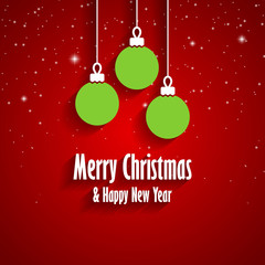 Merry Christmas and Happy New Year greeting card with three green Christmas toys and snow