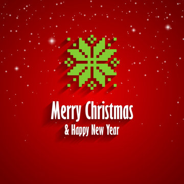 Merry Christmas and Happy New Year red greeting card with green snowflake