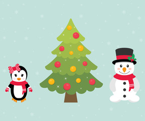 winter penguin and snowman and christmas fir tree