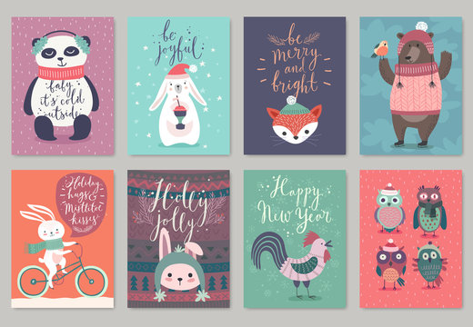 Christmas animals card set, hand drawn style.