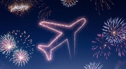 Gordijnen Night sky with fireworks shaped as an airplane.(series) © eyegelb