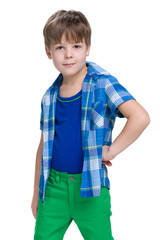 Little boy in a blue shirt on the white background - 128751460