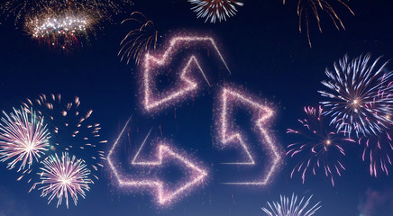Night sky with fireworks shaped as recyclingarrows.(series)