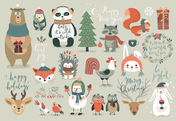 Christmas set, hand drawn style - calligraphy, animals and other elements.