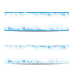 Set of winter horizontal banner templates. Empty silver frame. Snowflakes, bokeh, fog, blur and snow on blue background. Glitter sequins. Flyer design. Vector EPS10 illustration.