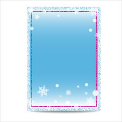Winter vertical banner template. Empty pink and silver frames. Snowflakes on blur blue background. Glitter sequins. Flyer design. Vector EPS10 illustration.