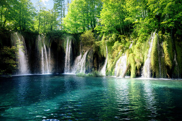 Waterfall inforest,  Plitvice, Croatia