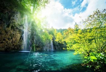 Deurstickers waterval in bos, Plitvicemeren, Kroatië © Iakov Kalinin