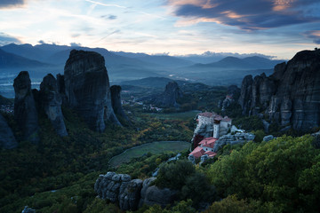 Naklejka premium Meteora monasteries after sunset, Greece