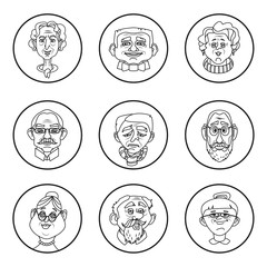 Face of elder people icons set in flat style. Pensioner head 
