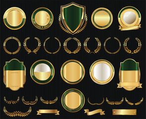 Vector medieval golden shields laurel wreaths and badges collection