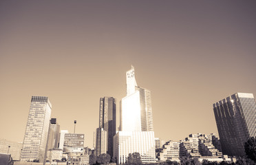Fototapeta premium Skyscrapers with glass facade. Modern buildings in Paris business district. Concepts of economics, financial, future. Copy space for text. Dynamic composition