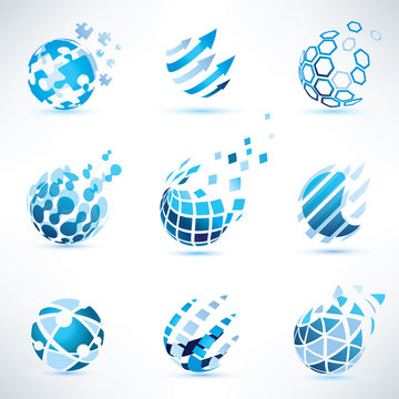 abstract globe and puzzle symbol set,communication and technolog