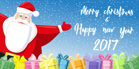 Fototapeta na wymiar Merry Christmas and Happy New Year 2017 banner. Cute Santa Claus and gift boxes on background snowflakes. Hand drawn lettering. Cartoon style. Concept design poster, greeting card or flyer. Vector