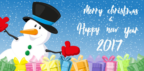 Merry Christmas and Happy New Year 2017 banner. Cute snowman in hat and gift boxes on background snowflakes. Hand drawn. Cartoon style. Concept design poster, greeting card, flyer. Vector illustration