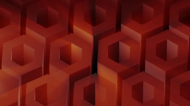 A slow moving looping background design animation of 3D hexes with light rays.