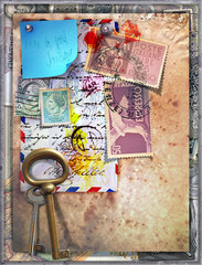Collage background with italian vintage stamps and old keys