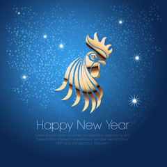 Golden Rooster on a blue background and the words "Happy New Year"
