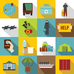 Refugees problem icons set. Flat illustration of 16 refugees problem vector icons for web