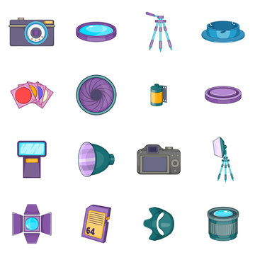 Photo studio icons set. Cartoon illustration of 16 photo studio equipment vector icons for web
