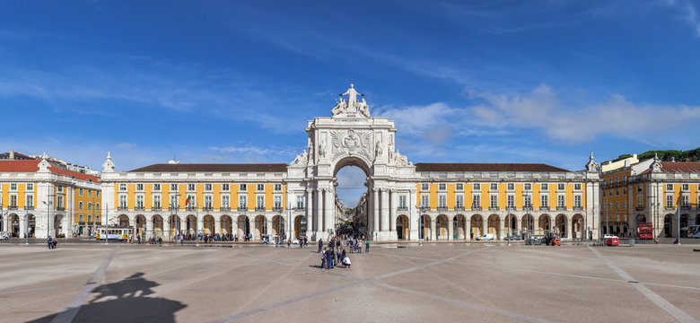 Lisbon, Portugal - October 24, 2016: Commerce square, one of the most important landmarks of the Portuguese capital, with the famous Triumphal Arch.