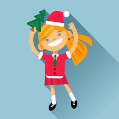 girl, woman character in New Year costume on a blue background. Marry Christmas.