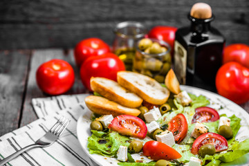 Greek salad, vegetable salads, homemade vegetarian food