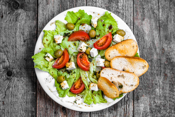 Greek salad, vegetable salads, from above on plate