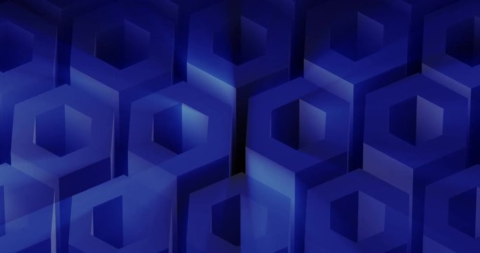 A slow moving looping background design animation of 3D hexes with light rays.