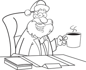 Black and white illustration of a Santa Claus sitting at a desk.