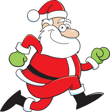 Cartoon illustration of Santa Claus running.