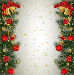 Christmas background with fir branch border with bells, ribbons and Christmas decorations.  - 128758633