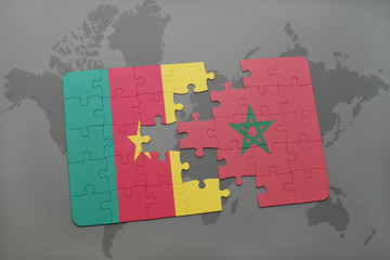 puzzle with the national flag of cameroon and morocco on a world map.