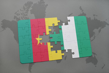 puzzle with the national flag of cameroon and nigeria on a world map.