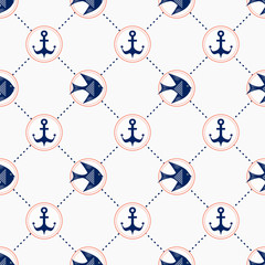 Maritime mood, Seamless nautical pattern with fishes and anchors