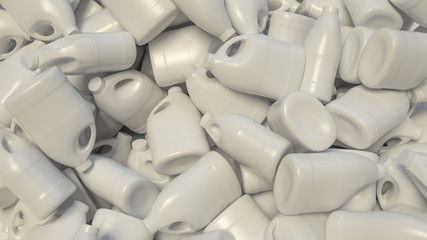 Fototapeta premium Chaotic pile of blank bleach, or detergent, bottles. This image is a 3D illustration.