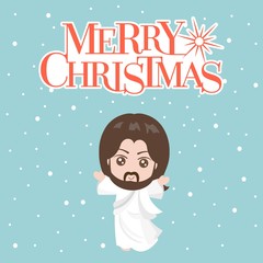 Jesus christ in white clothes and merry christmas typographic with snowing background, flat design vector for christmas holiday