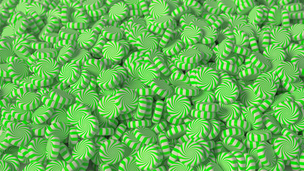 Large pile of green and white, pepperming swirl hard candy. This image is a 3D Illustration.