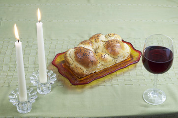 Shabbat Observance, Challah,Two Candles,Glass Of Wine